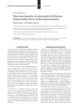 Two New Records of Octocorals (Anthozoa, Octocorallia) from North-West Australia Monika Bryce1,3 and Angelo Poliseno2