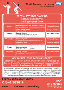 SPECIALIST STOP SMOKING SERVICE SESSIONS Middlesbrough 2016