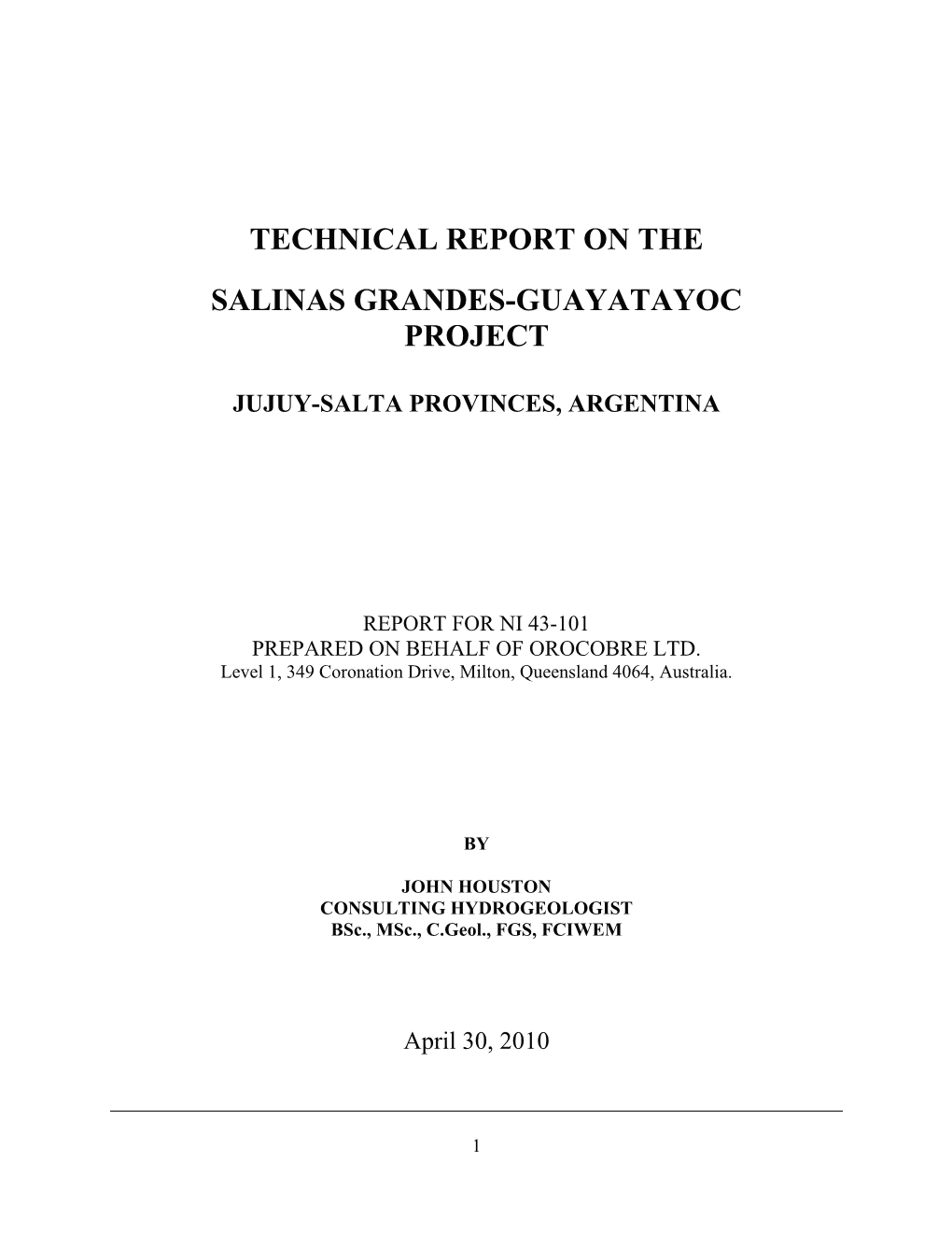 Technical Report on the Salinas Grandes-Guayatayoc Project Jujuy-Salta Provinces, Argentina
