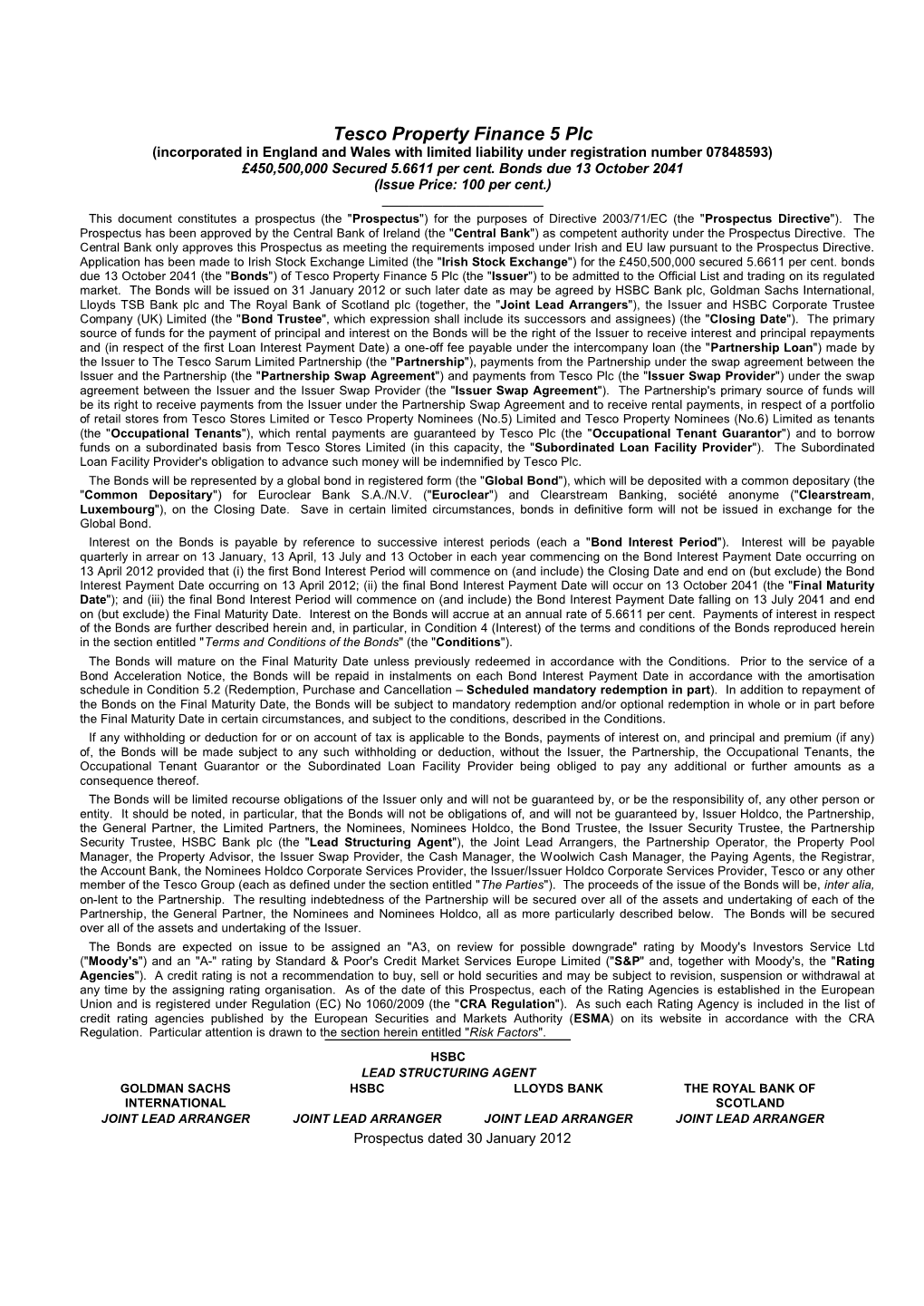 Tesco Property Finance 5 Plc (Incorporated in England and Wales with Limited Liability Under Registration Number 07848593) £450,500,000 Secured 5.6611 Per Cent