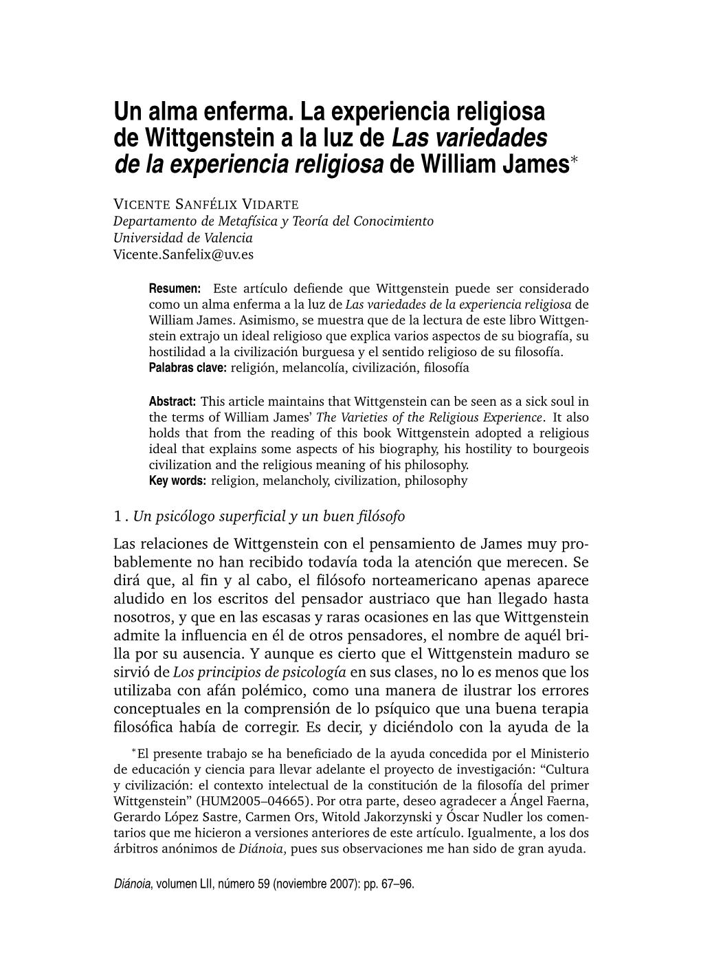 Un Alma Enferma. La Experiencia Religiosa De Wittgenstein a La Luz De Las Variedades De La Experiencia Religiosa De William James∗