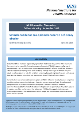 Setmelanotide for Pro-Opiomelanocortin Deficiency Obesity NIHRIO (HSRIC) ID: 8496 NICE ID: 9505