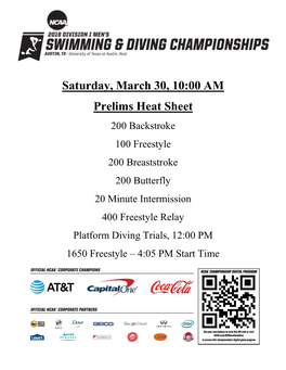 Saturday, March 30, 10:00 AM Prelims Heat Sheet