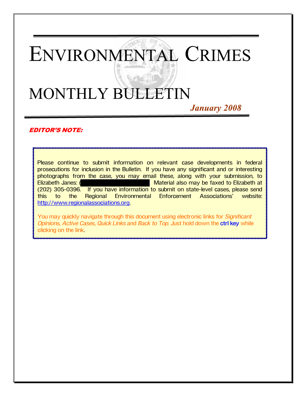 Environmental Crimes Monthly Bulletin by Email To