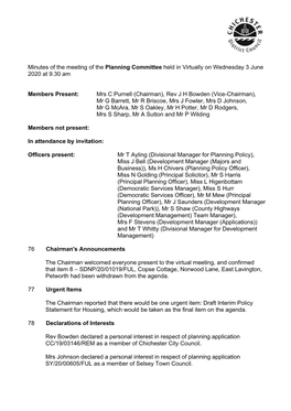 Minutes of the Meeting of the Planning Committee Held in Virtually on Wednesday 3 June 2020 at 9.30 Am