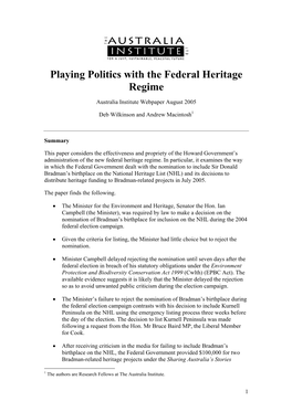 Playing Politics with the Federal Heritage Regime