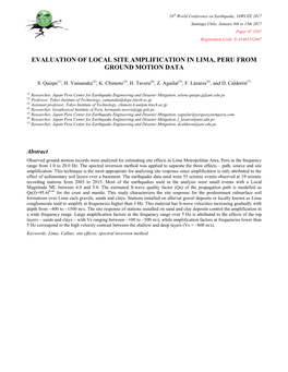 Evaluation of Local Site Amplification in Lima, Peru from Ground Motion Data