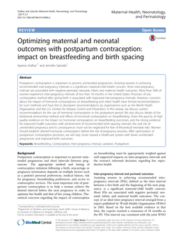 Optimizing Maternal and Neonatal Outcomes with Postpartum Contraception: Impact on Breastfeeding and Birth Spacing Aparna Sridhar1* and Jennifer Salcedo2