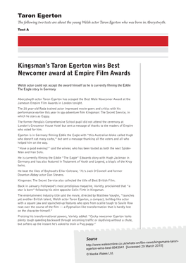 Kingsman's Taron Egerton Wins Best Newcomer Award at Empire Film