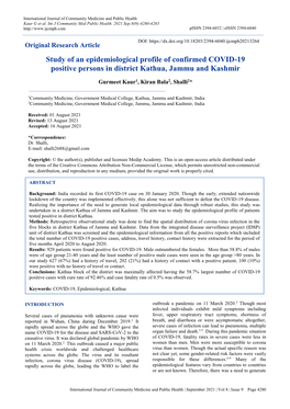 Study of an Epidemiological Profile of Confirmed COVID-19 Positive Persons in District Kathua, Jammu and Kashmir