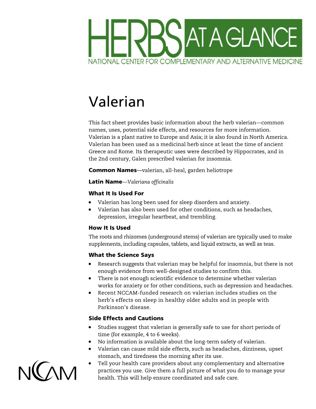 Herbs a T a Glance: Valerian