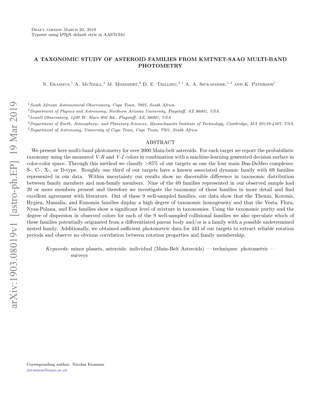 A Taxonomic Study of Asteroid Families from Kmtnet-Saao Multi-Band Photometry