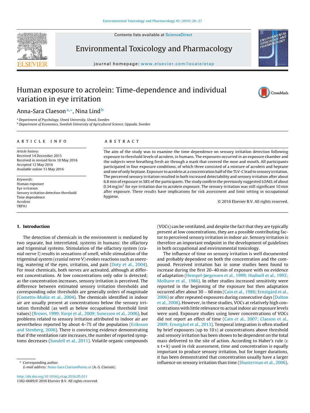 Human Exposure to Acrolein: Time-Dependence and Individual