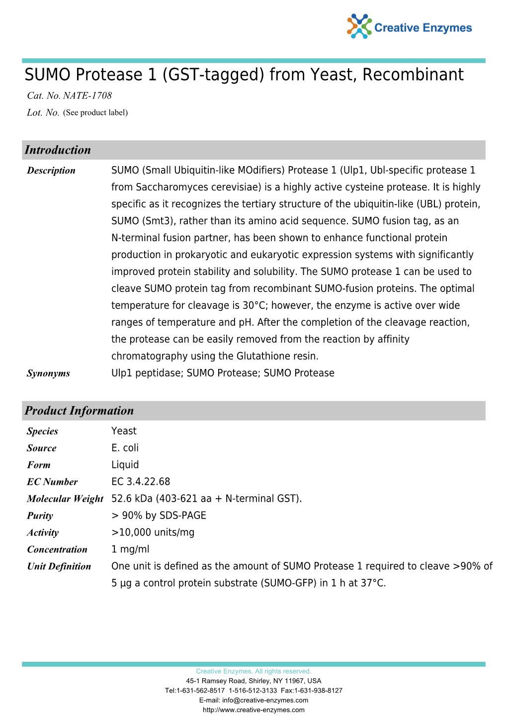 SUMO Protease 1 (GST-Tagged) from Yeast, Recombinant Cat