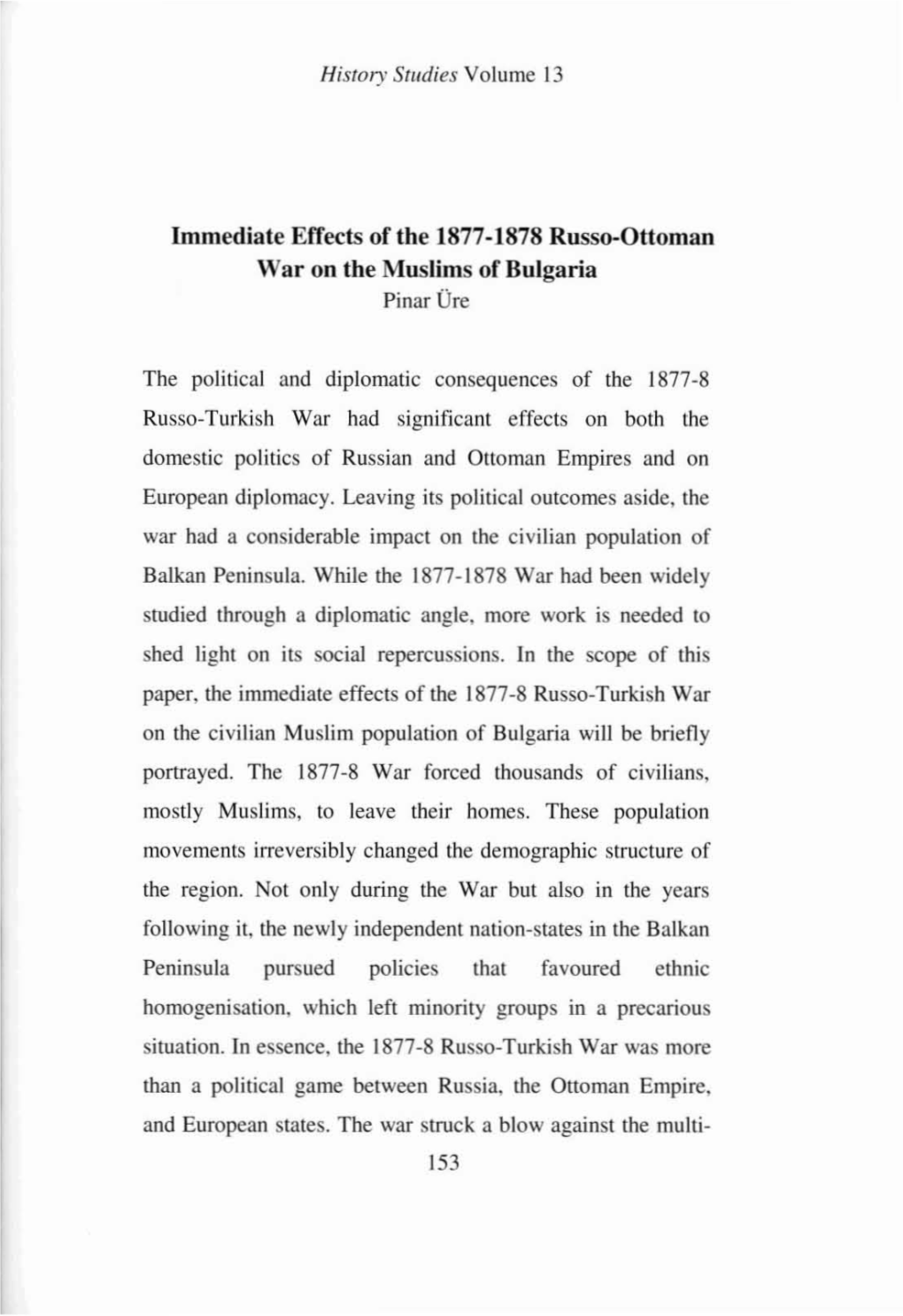 Immediate Effects of the 1877-1878 Russo-Ouoman War on The