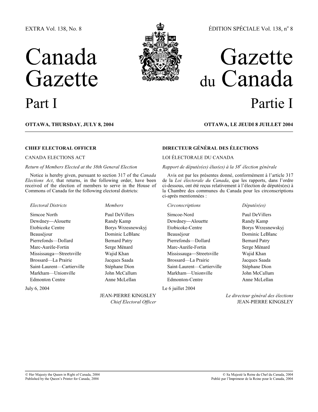 Canada Gazette, Extra