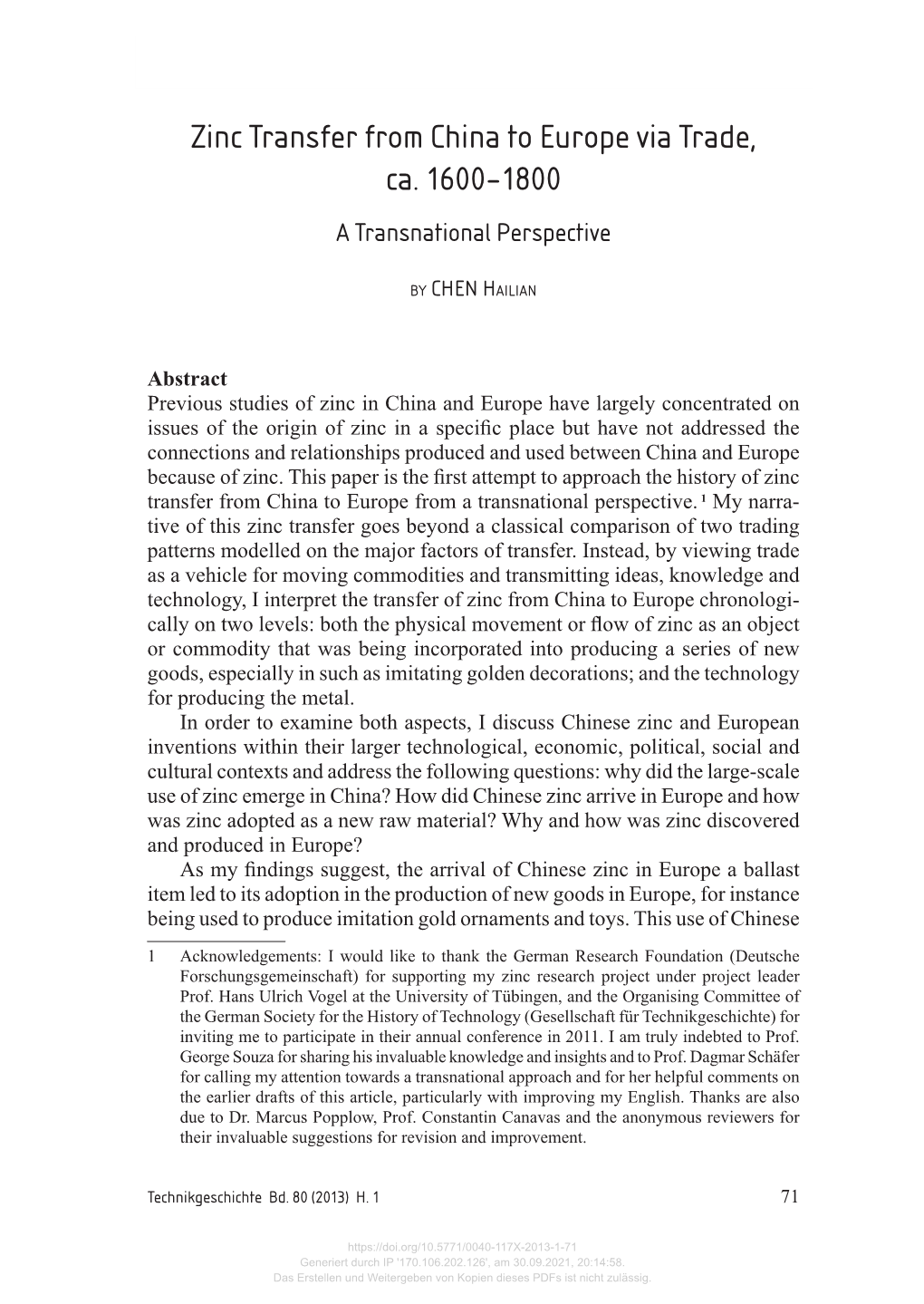 Zinc Transfer from China to Europe Via Trade, Ca. 1600–1800 a Transnational Perspective