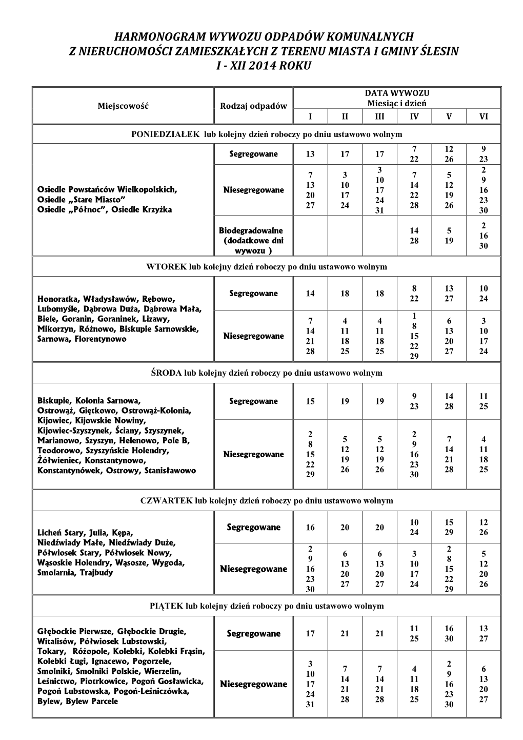 Harmonogram Wywozu Odpadów Komunalnych Z Nieruchomości Zamieszkałych Z Terenu Miasta I Gminy Ślesin I - Xii 2014 Roku