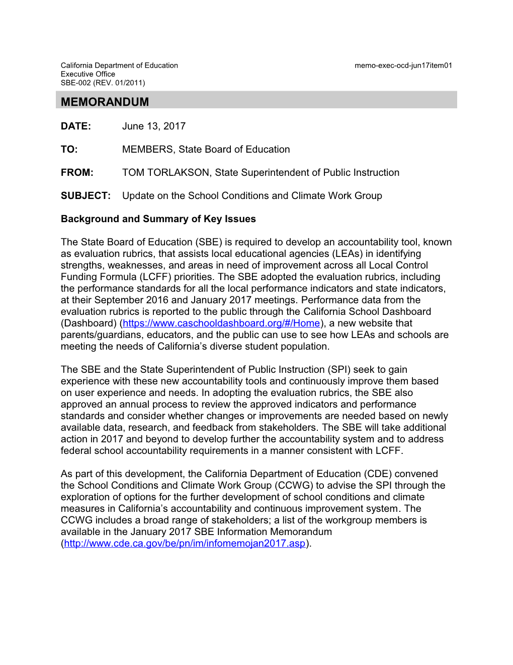 June 2017 Memo OCD Item 01 - Information Memorandum (CA State Board of Education)