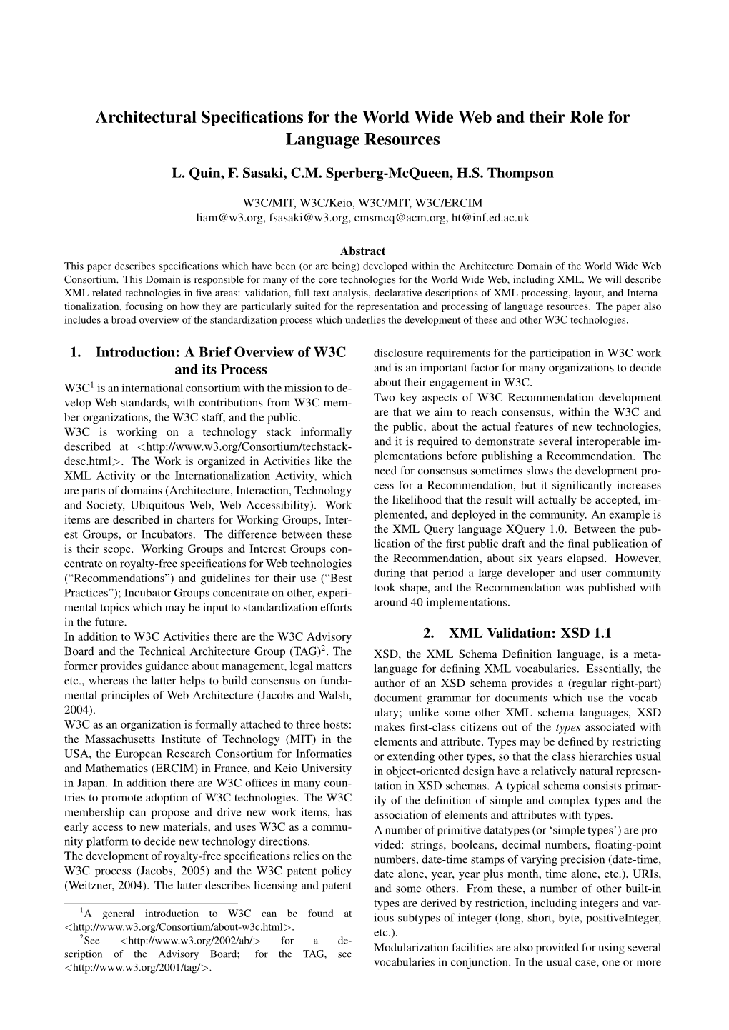 Architectural Specifications for the World Wide Web and Their Role for Language Resources