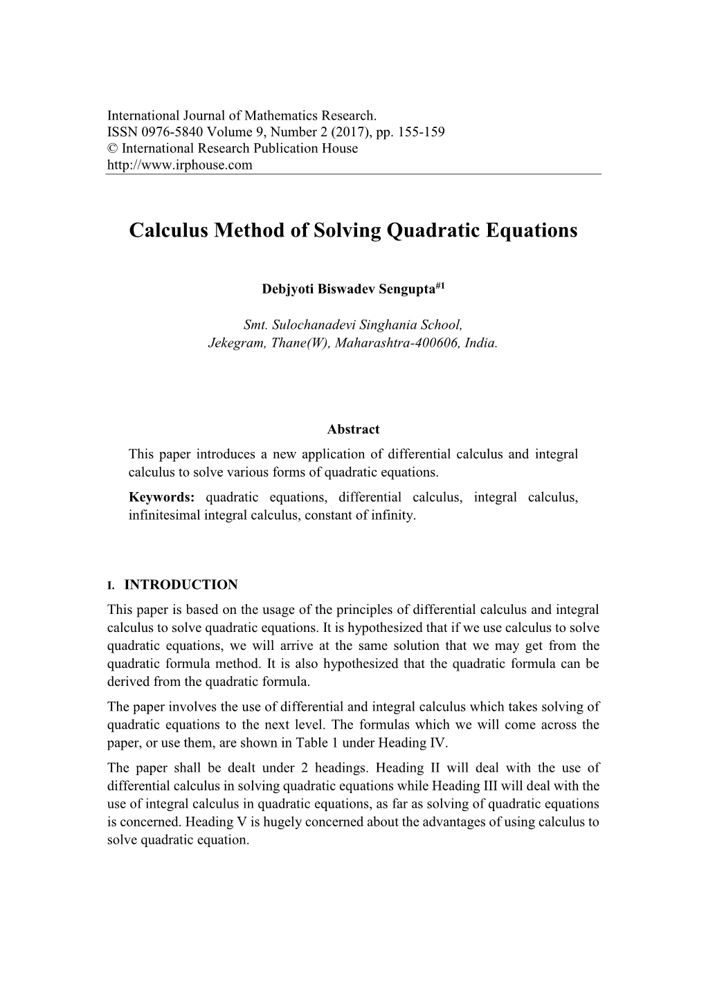 Calculus Method of Solving Quadratic Equations