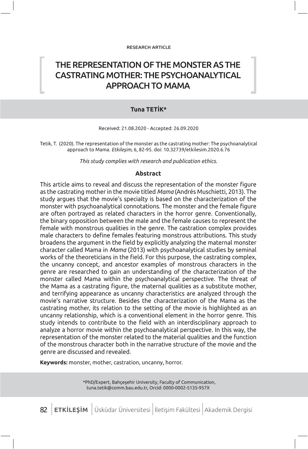 The Representation of the Monster As the Castrating Mother: the Psychoanalytical Approach to Mama