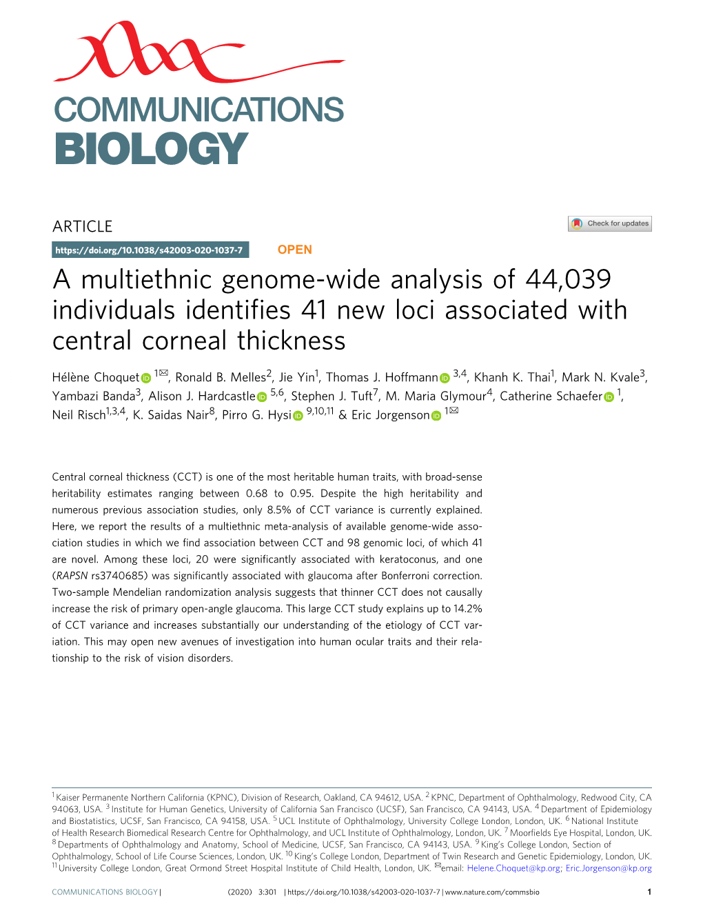 A Multiethnic Genome-Wide Analysis of 44,039 Individuals Identifies 41 New Loci Associated with Central Corneal Thickness