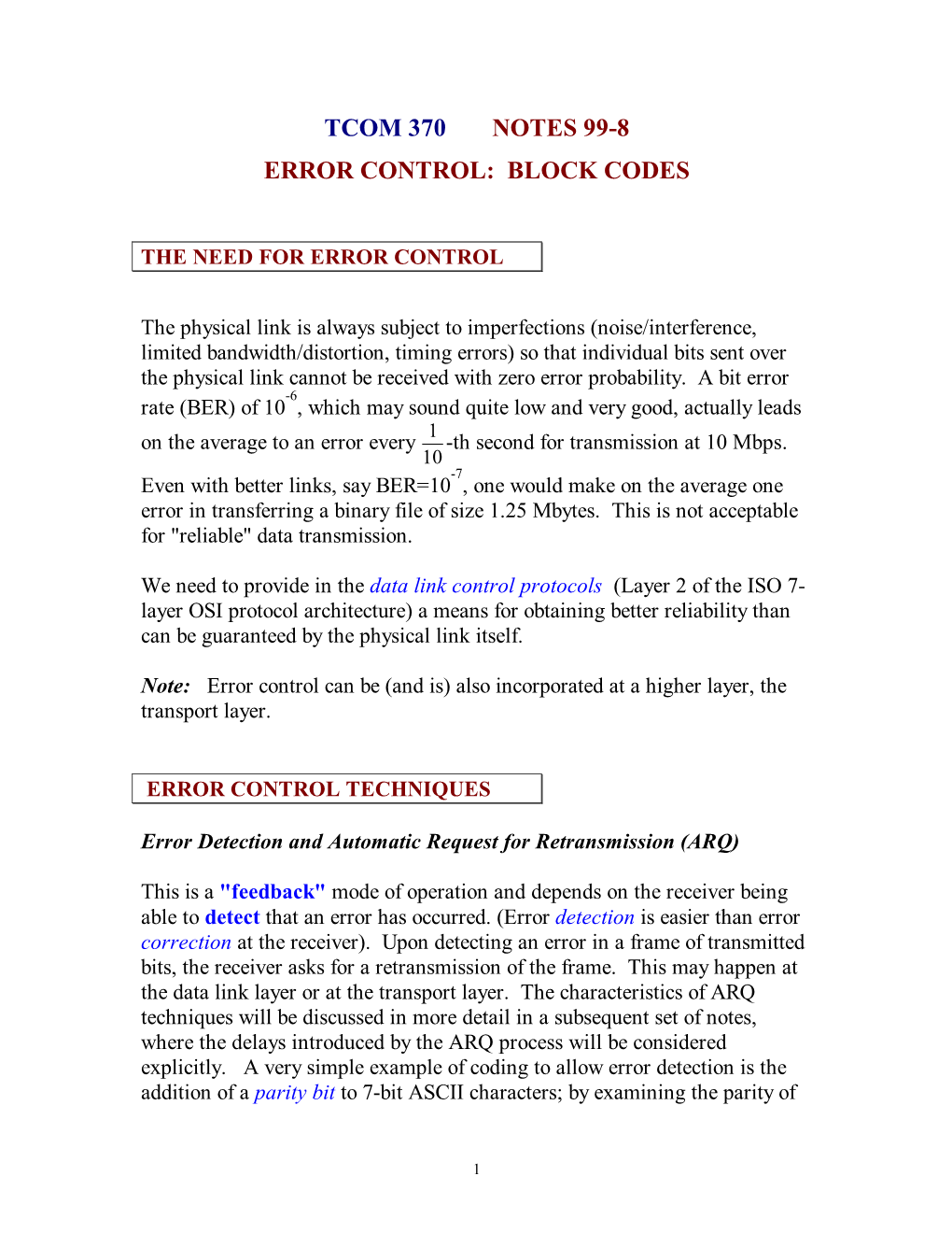 Tcom 370 Notes 99-8 Error Control: Block Codes