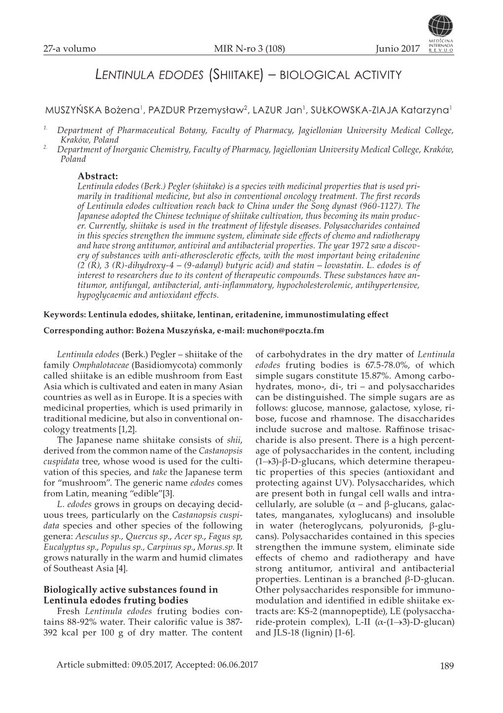 Lentinula Edodes (Shiitake) – Biological Activity