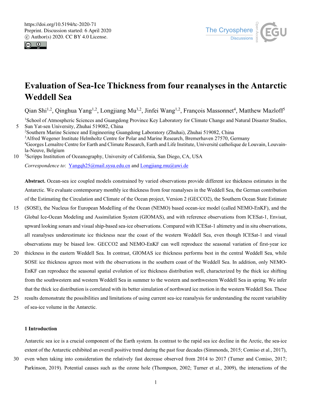 Evaluation of Sea-Ice Thickness from Four Reanalyses in the Antarctic Weddell