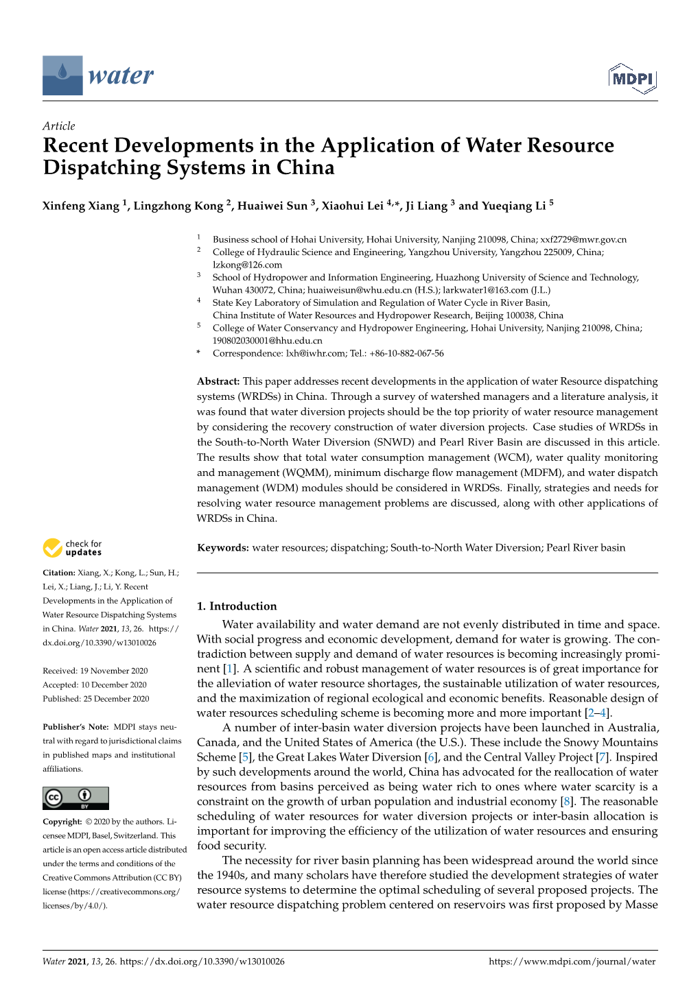 Recent Developments in the Application of Water Resource Dispatching Systems in China