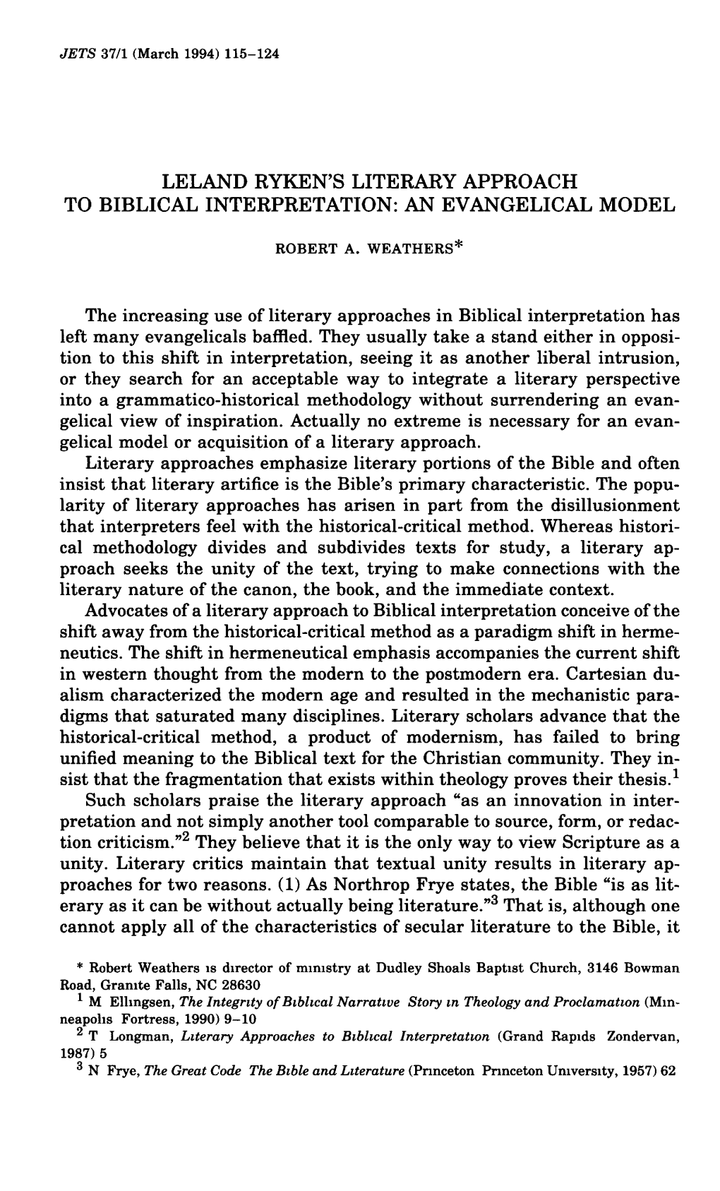 Leland Ryken's Literary Approach to Biblical Interpretation: an Evangelical Model