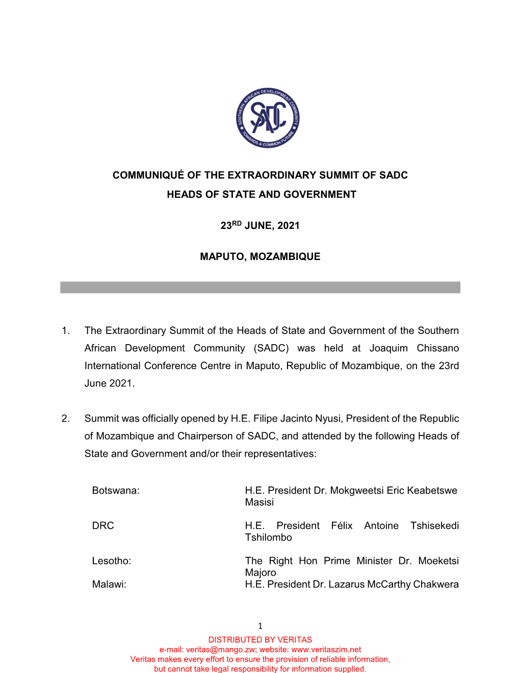 Communique of the Extraordinary SADC Summit of Heads