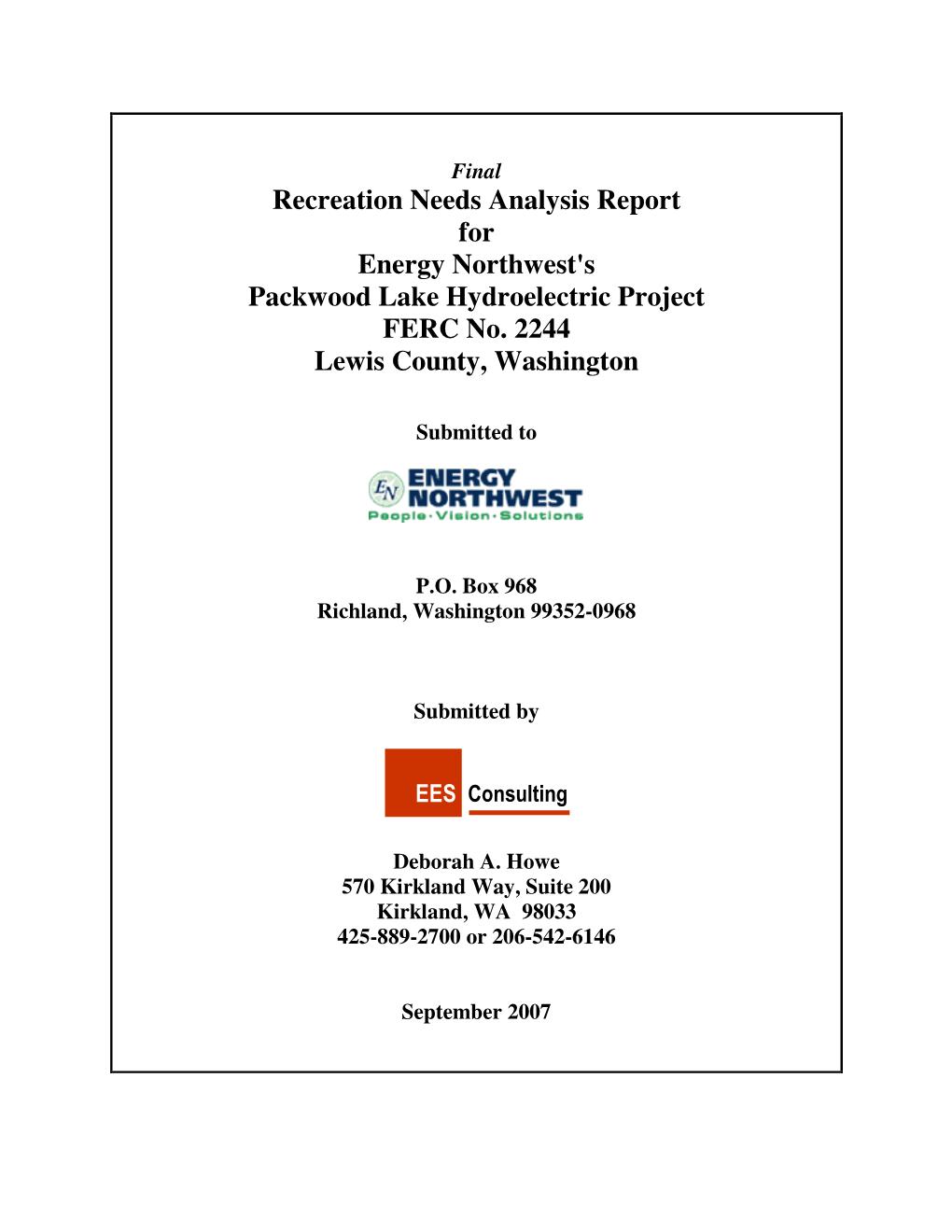 Recreation Needs Analysis Report for Energy Northwest's Packwood Lake Hydroelectric Project FERC No