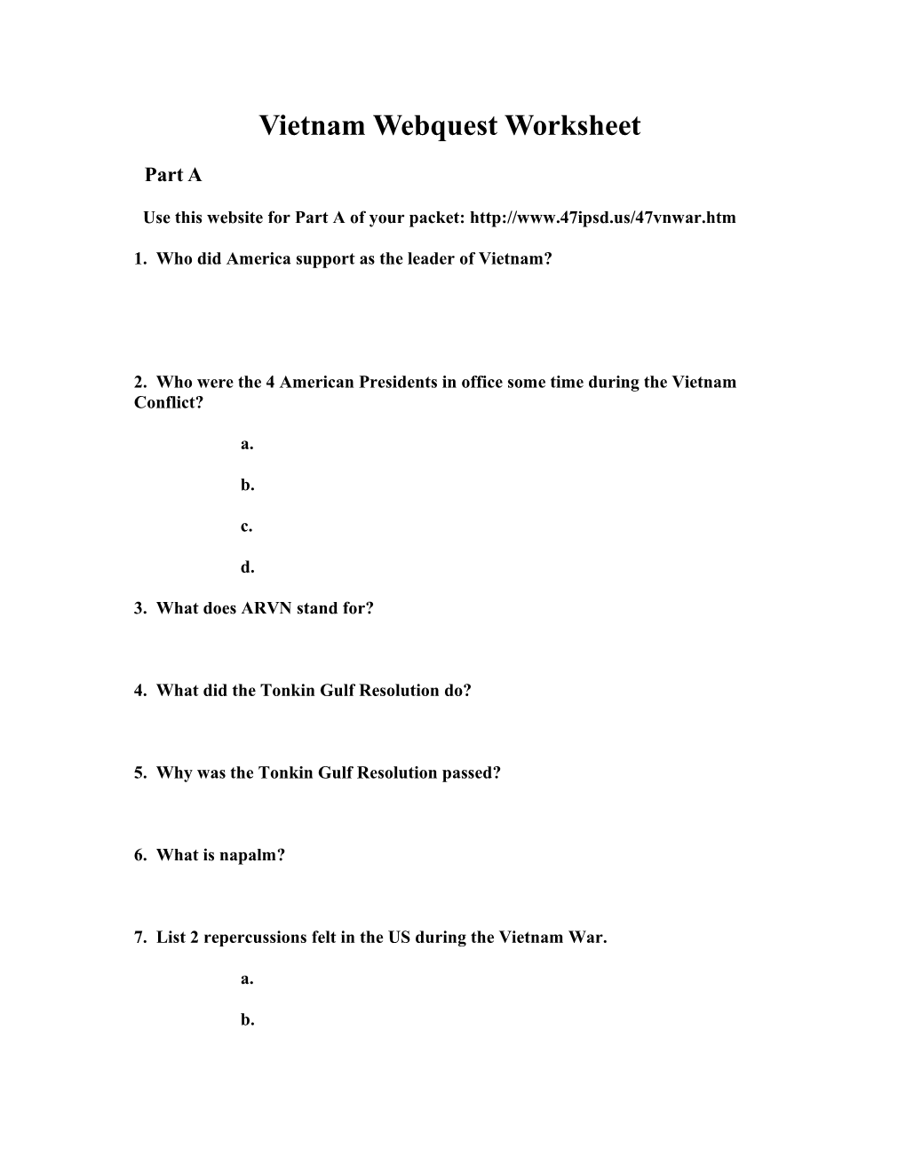 Vietnam Webquest Worksheet