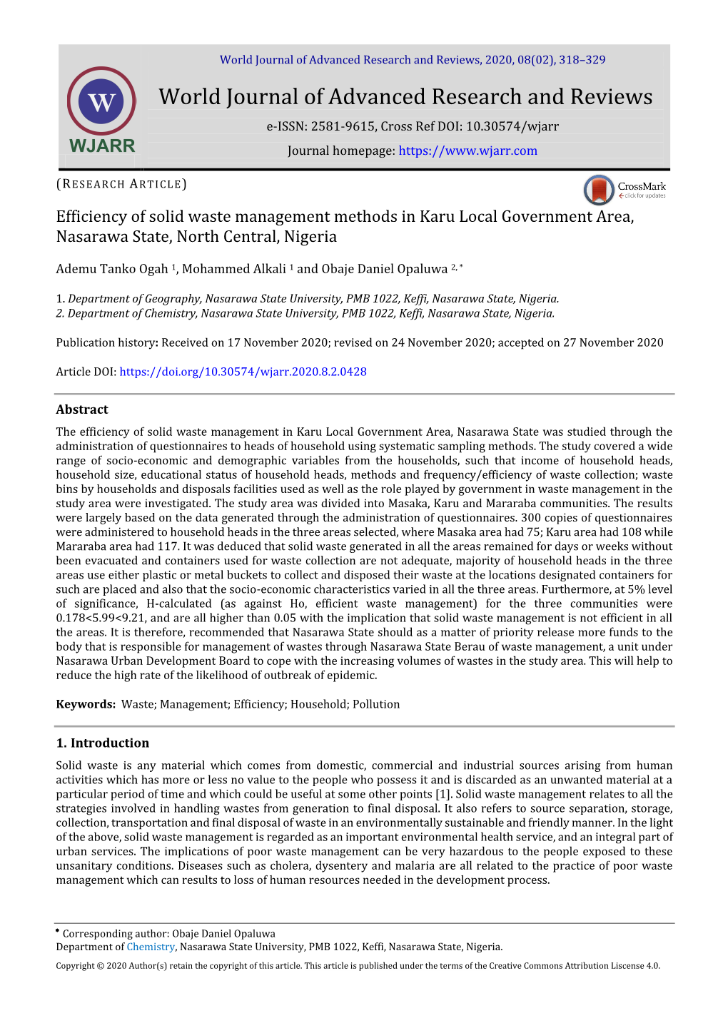 Efficiency of Solid Waste Management Methods in Karu Local Government Area, Nasarawa State, North Central, Nigeria