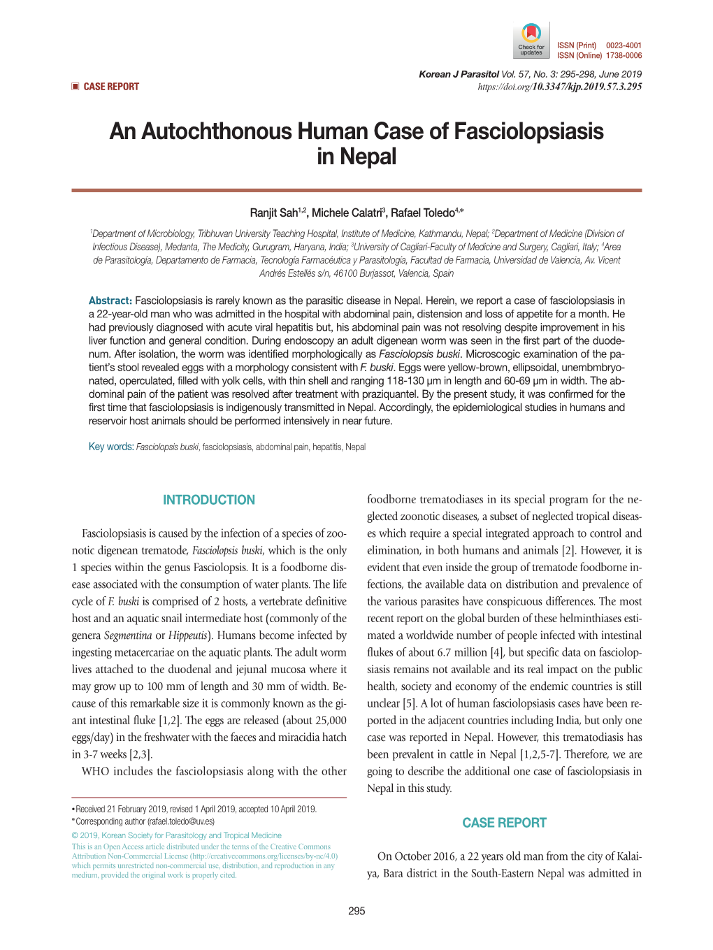 An Autochthonous Human Case of Fasciolopsiasis in Nepal