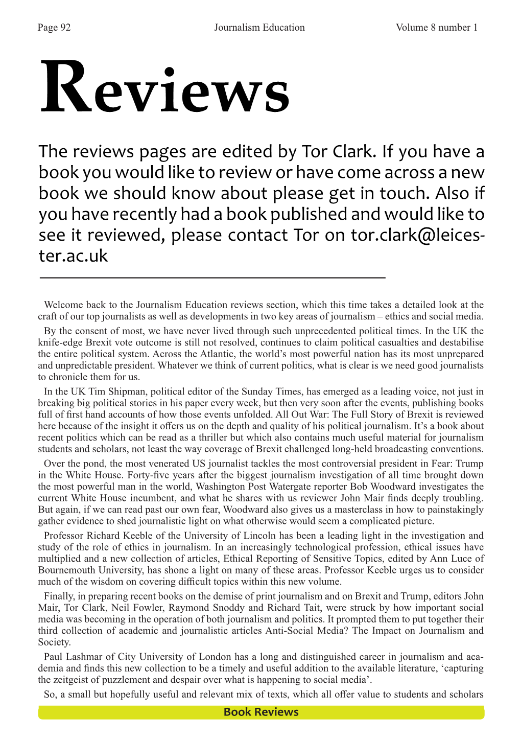 Reviews the Reviews Pages Are Edited by Tor Clark