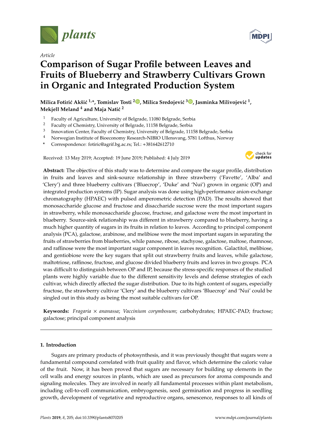 Comparison of Sugar Profile Between Leaves and Fruits of Blueberry And