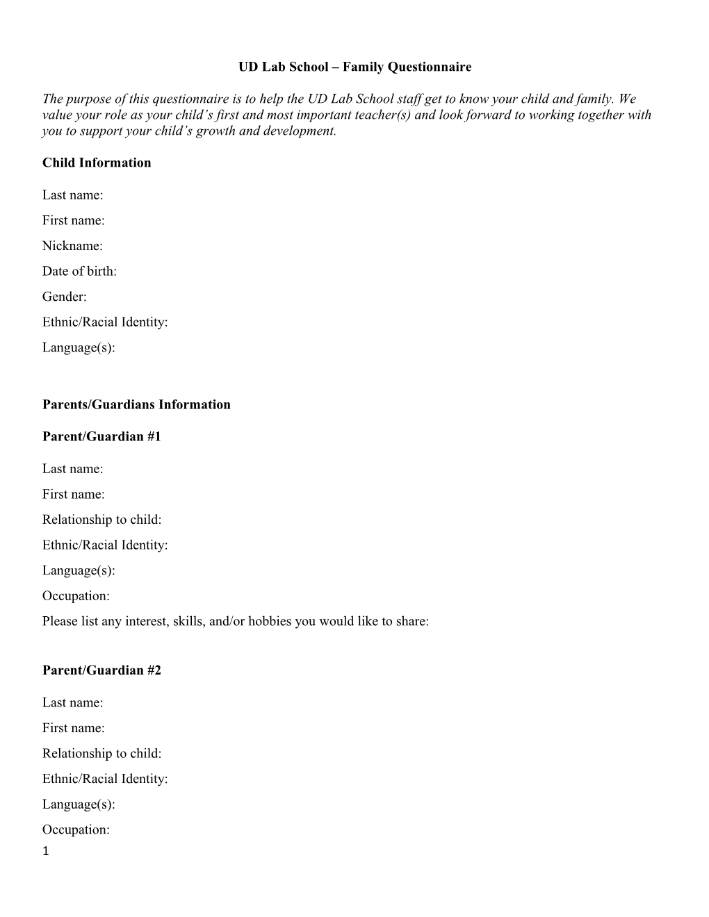 UD Lab School Family Questionnaire