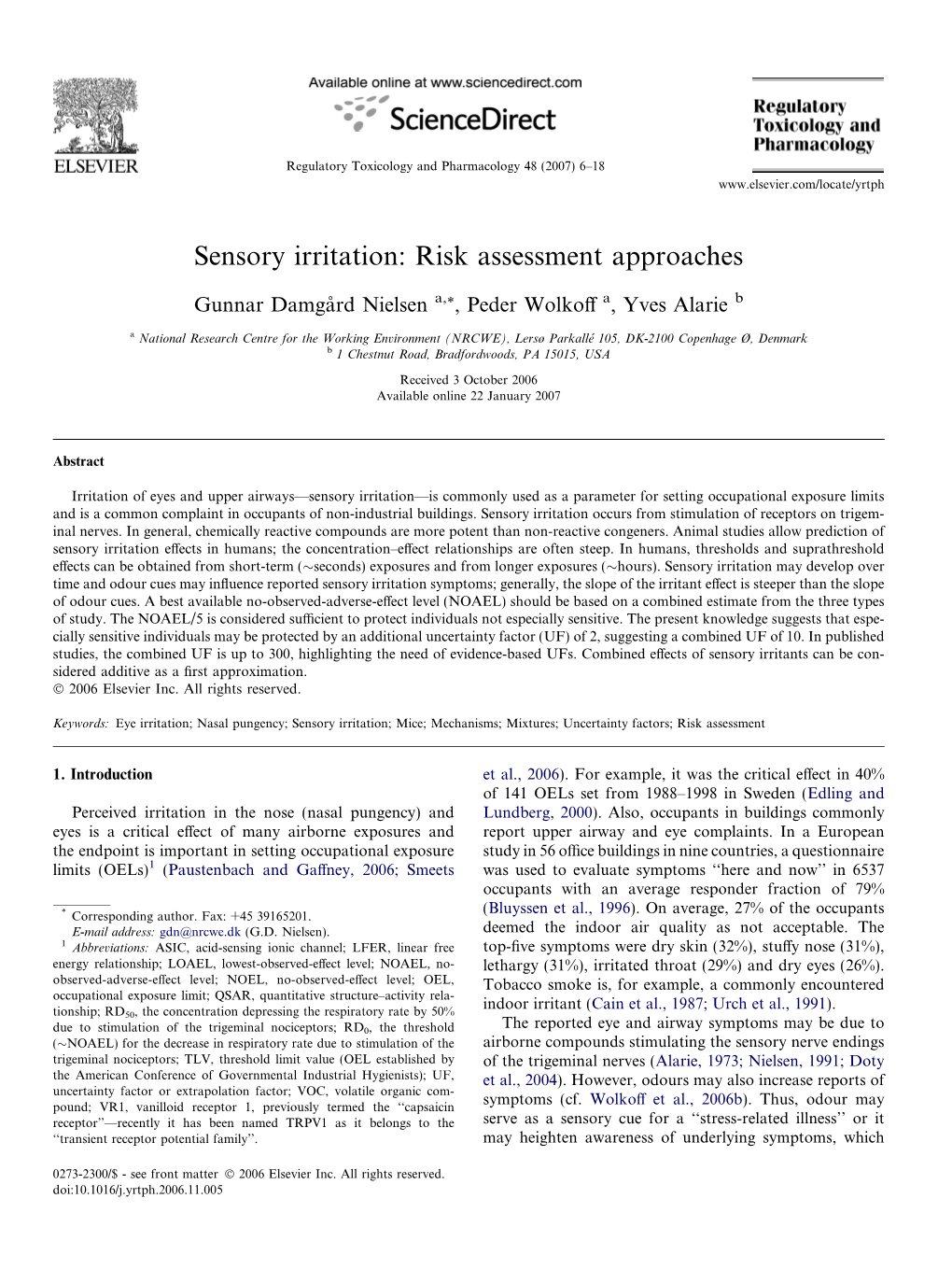 Sensory Irritation: Risk Assessment Approaches