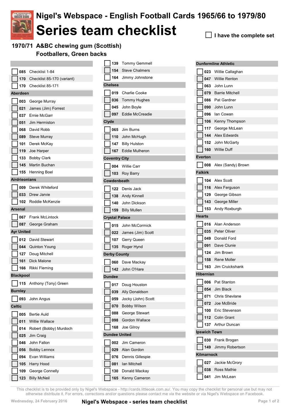 Series Team Checklist I Have the Complete Set 1970/71 A&BC Chewing Gum (Scottish) Footballers, Green Backs