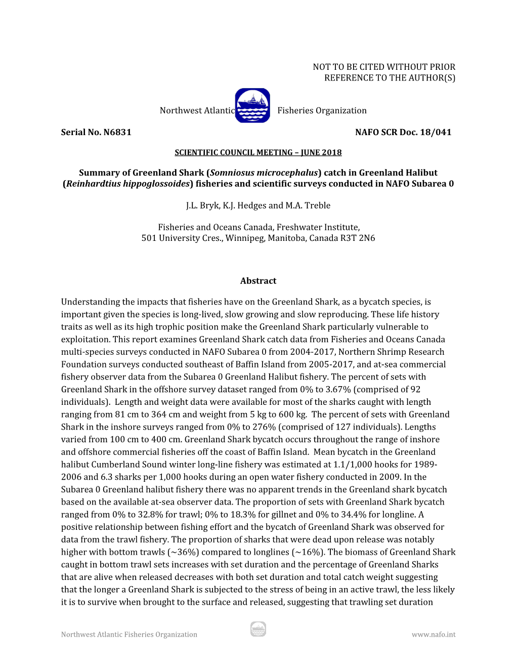 Summary of Greenland Shark (Somniosus Microcephalus) Catch