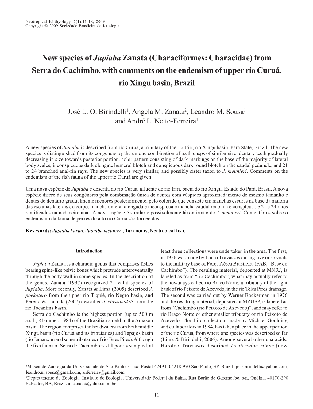 Characiformes: Characidae) from Serra Do Cachimbo, with Comments on the Endemism of Upper Rio Curuá, Rio Xingu Basin, Brazil