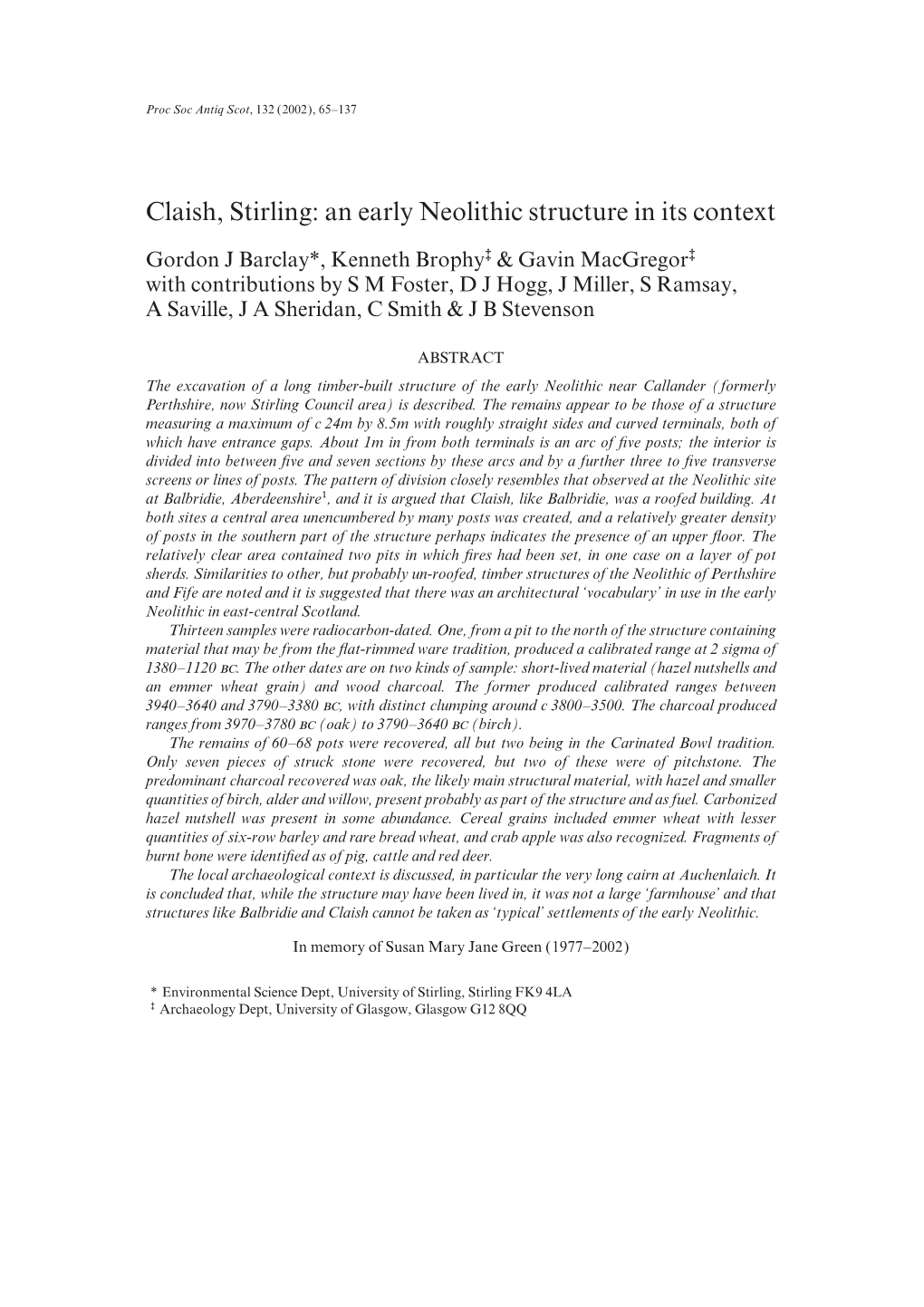 Claish, Stirling: an Early Neolithic Structure in Its Context