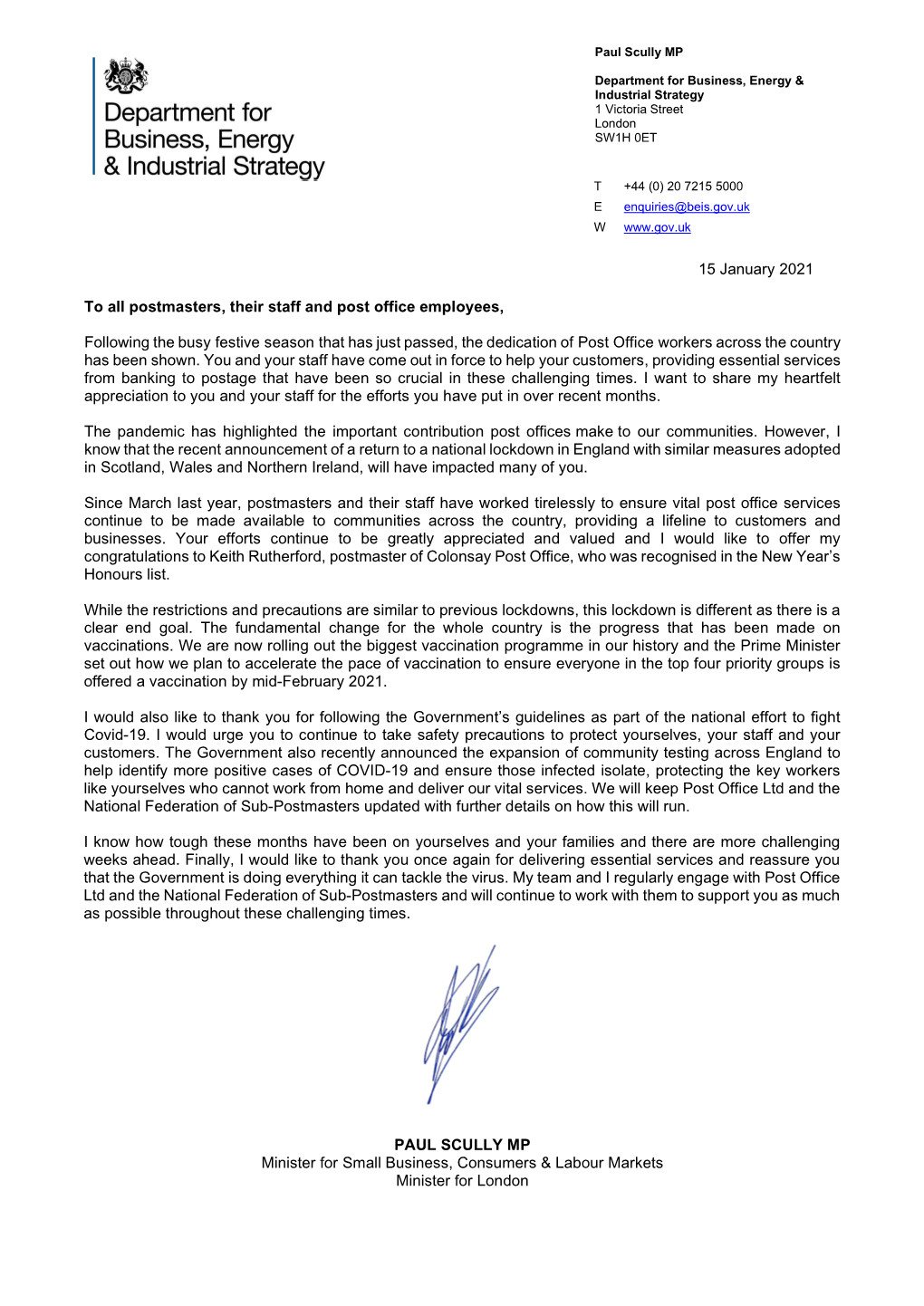 Paul Scully MP: Letter to All Postmasters, January 2021