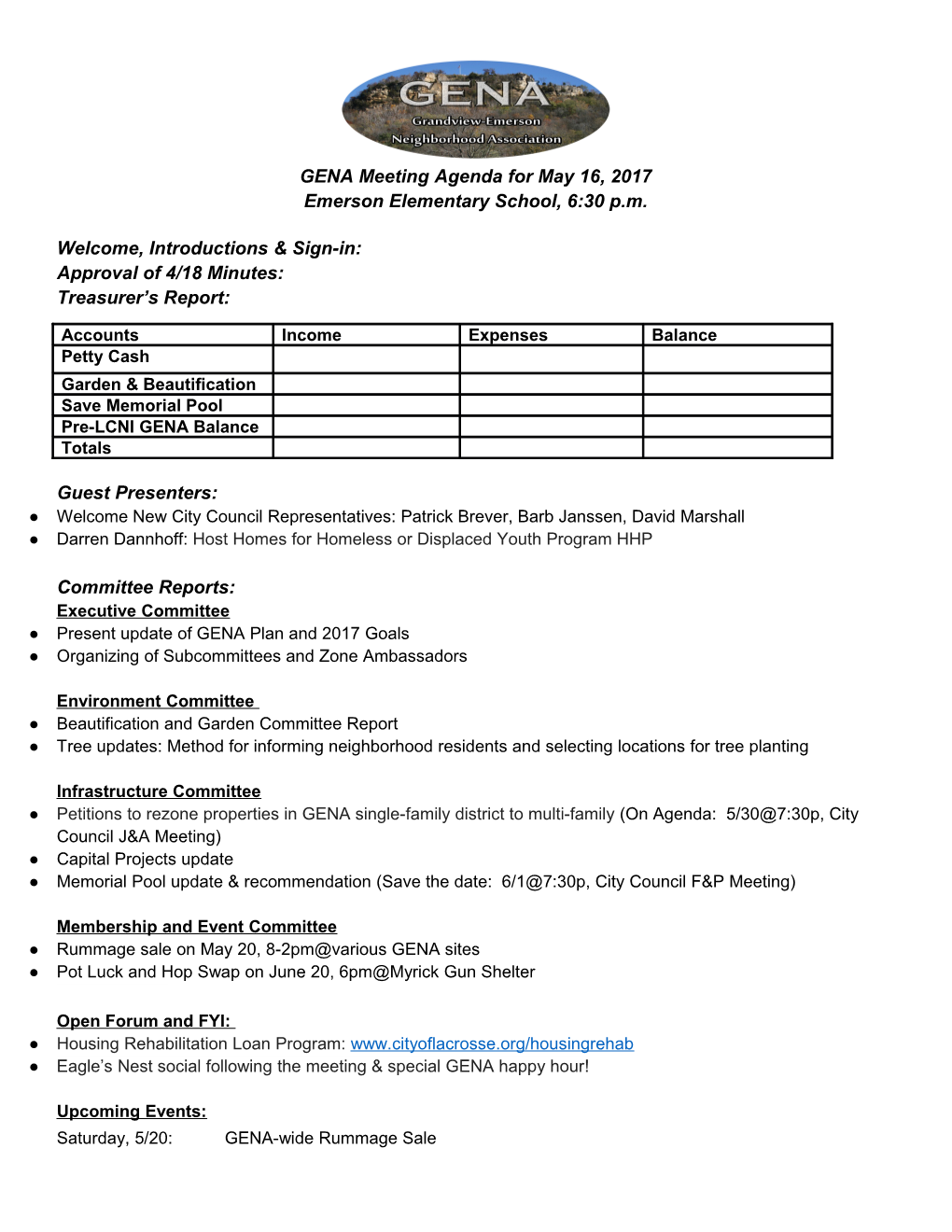 GENA Meeting Agenda for May 16, 2017