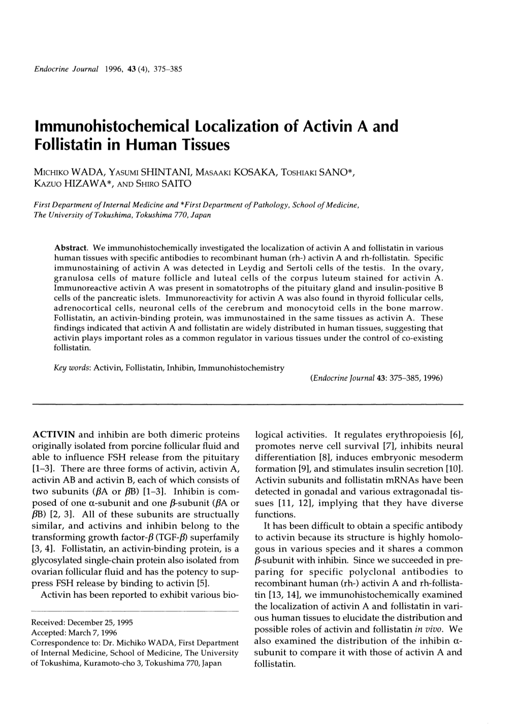 Immunoh Foil Istatin Istochemical Localiza in Human Tissues Tion of Activin A