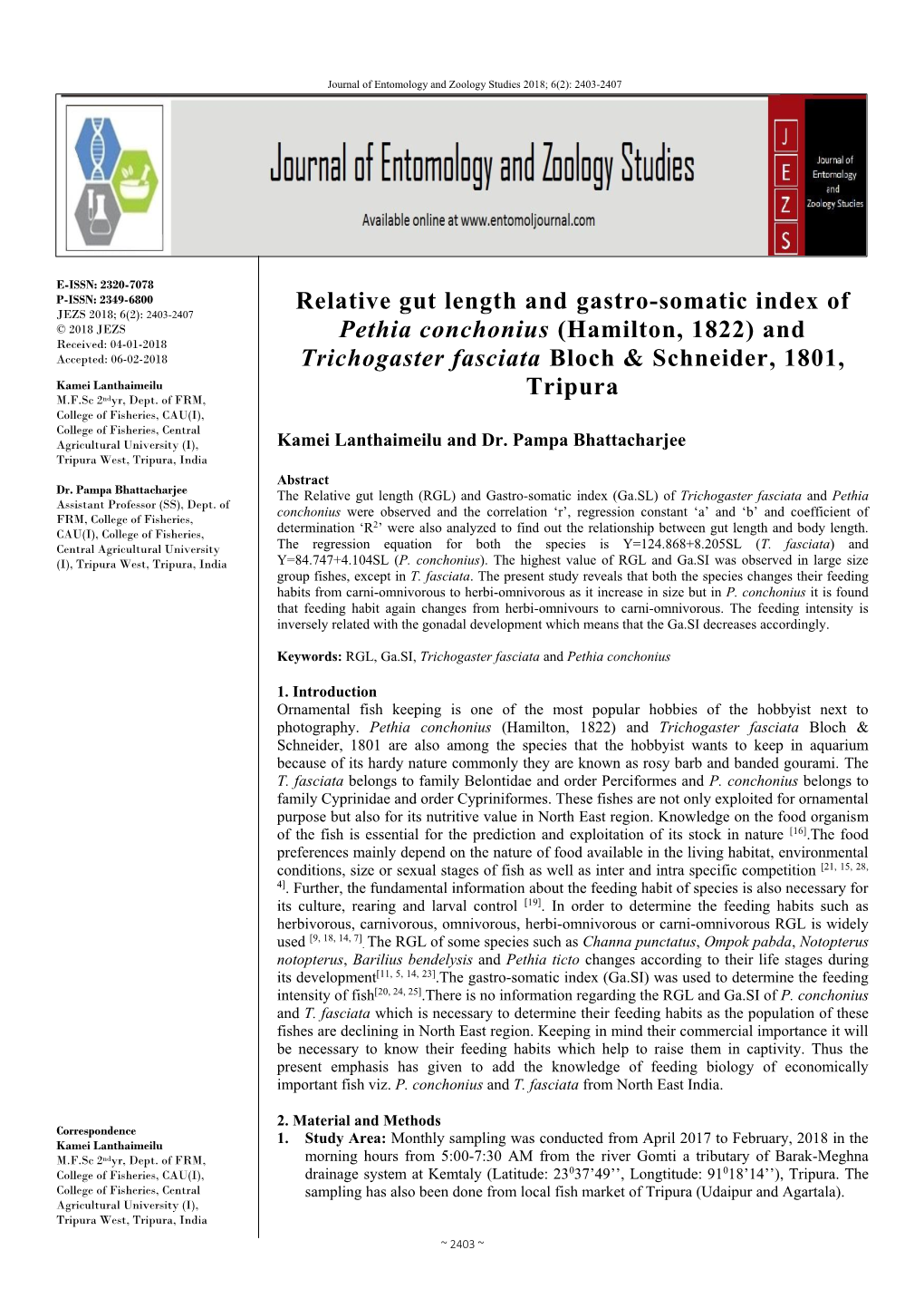 Relative Gut Length and Gastro-Somatic Index of Pethia