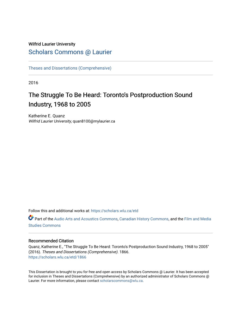 Toronto's Postproduction Sound Industry, 1968 to 2005